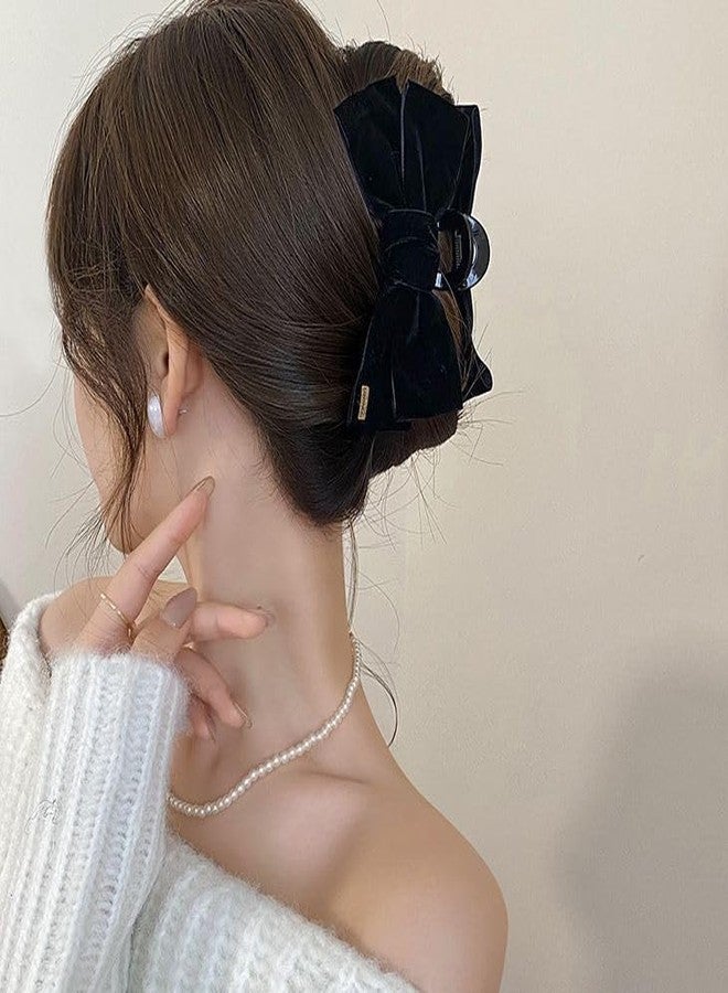 TUCEWP Black Bow Hair Clips for Women Girls 2Pcs Velvet Silky Satin Bow Claw Clip for Long Curly Thick Hair Strong Hold Bowknot Hair Barrettes Claw Jaw Nonslip Hair Catch Clamps Large Hair Accessories - Image 2